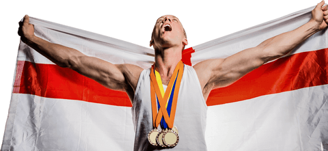 Triumphant athlete celebrating victory with transparent england flag