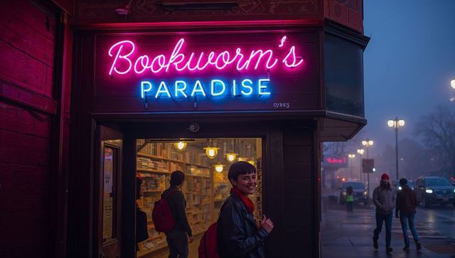 Neon bookshop entrance night with smiling reader in leather jacket and red scarf