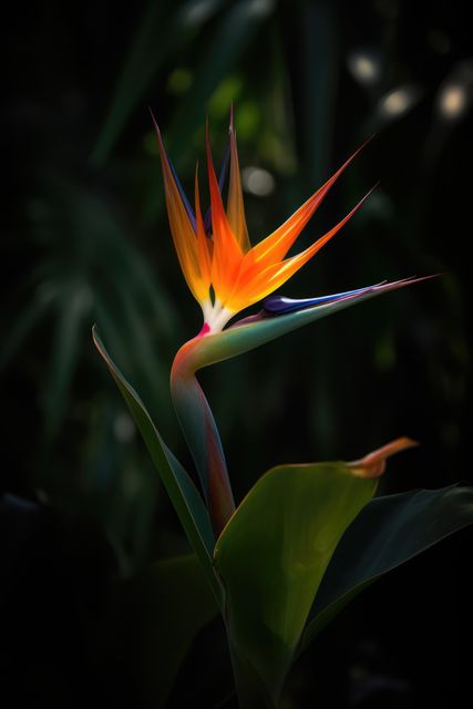Striking Bird of Paradise flower with vivid orange petals against a dark background showcases nature’s beauty. Ideal for use in botanical publications, gardening websites, floral design inspiration, or tropical-themed projects.