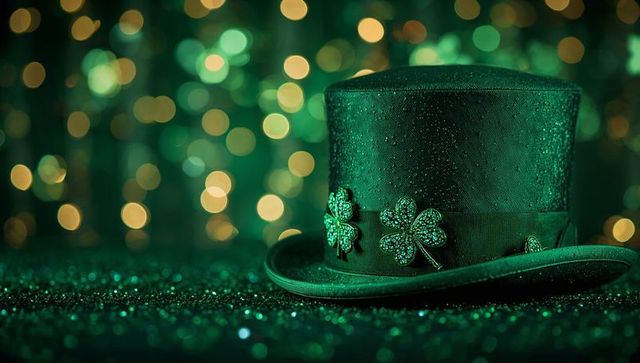 Emerald Satin Top Hat with Shamrock Pins on Glittered Tabletop and Bokeh Lights