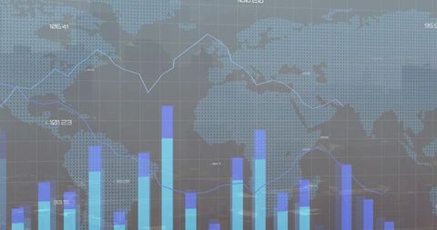 Global financial analytics dashboard showing rising bars and trend lines over dotted world map