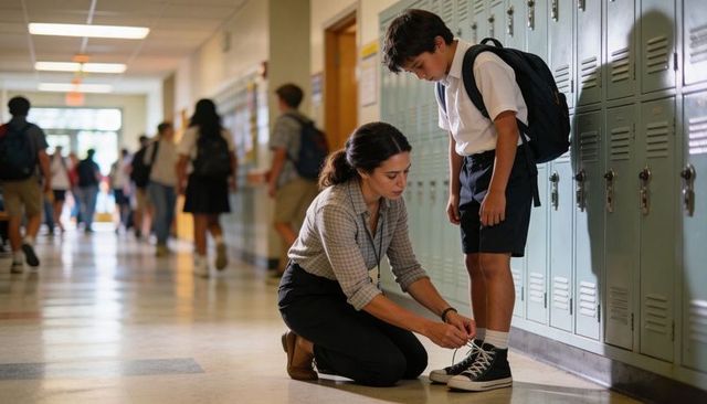 Teacher tying student's shoelace in school hallway showing care and classroom support