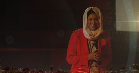 Asian woman in hijab with microphone over cityscape