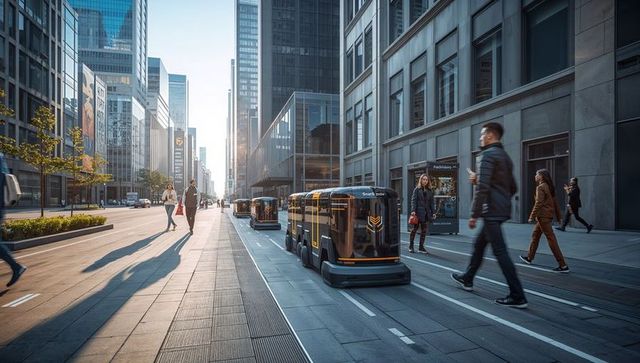 Autonomous delivery robots traveling dedicated lane on downtown avenue morning commute