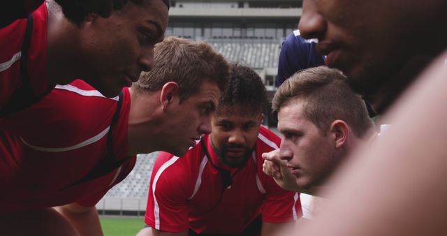 Focused Players Strategizing Before Rugby Match on Field - Download Free Stock Images Pikwizard.com