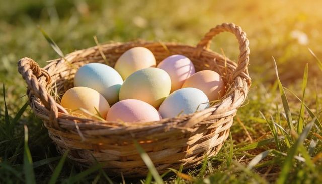 Pastel easter eggs nestling in wicker basket on sunlit meadow