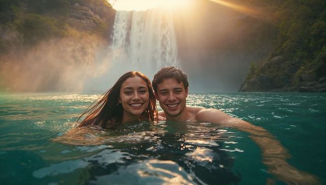 Happy Couple Swimming in Serene Waterfall Pool at Sunrise