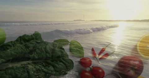 Fresh Organic Vegetables and Fruits Overlooking Serene Seaside