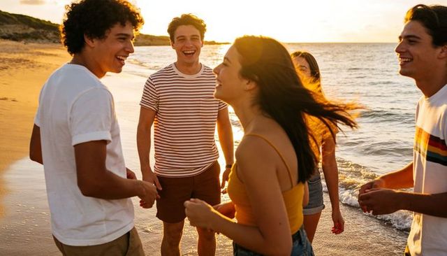 Friends laughing on beach at golden hour wearing yellow tank and casual summer wear