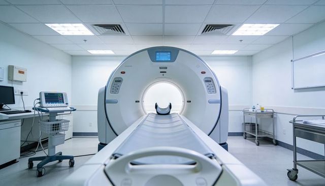 Modern ct scanner gantry and motorized patient table in clinical radiology exam room