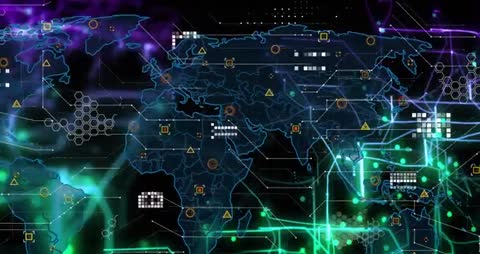 Futuristic World Map with Digital Data Flow Animation