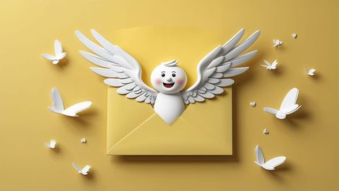 Cheerful white cartoon bird emerging from yellow envelope