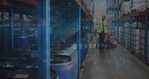 Warehouse Logistics with Cybersecurity Interface Overlay