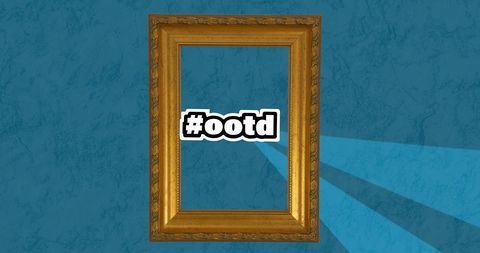 Trending fashion hashtag with empty gold frame over blue background