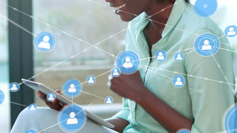 Smiling Woman Using Tablet with Social Network Connections