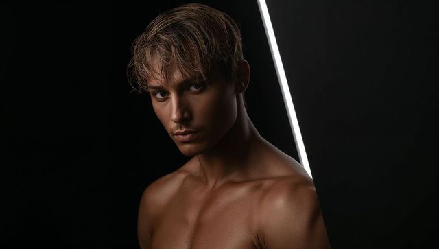 Intense bare-chested male model portrait with vertical led rimlight and moody chiaroscuro