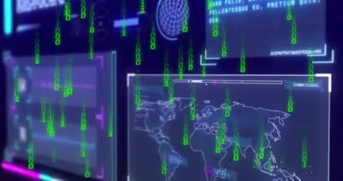 Futuristic Interface with Digital World Map and Binary Code