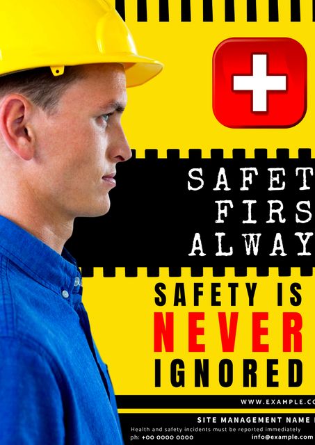 Diligent Worker in Hard Hat Promoting Safety Awareness Campaign Poster - Download Free Stock Templates Pikwizard.com