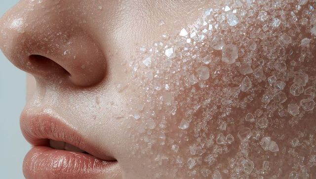 Featuring crystalline exfoliant on dewy skin, closeup lower face and lips texture