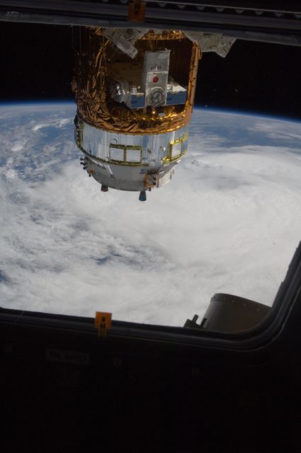 ISS032-E-025592 (9 Sept. 2012) --- Partially obstructed by the HTV-3 (H-II Transfer Vehicle) of the Japan Aerospace Exploration Agency (JAXA), Tropical Storm Leslie is clearly seen in the Atlantic Ocean on Sept. 9, 2012, as photographed by one of the Expedition 32 crew members aboard the Cupola of the International Space Station.  At the time of the photo Leslie was centered near 33.4 degrees north latitude and 62.1degrees west longitude (approximately 175 miles east-northeast of Bermuda) moving northward at 14