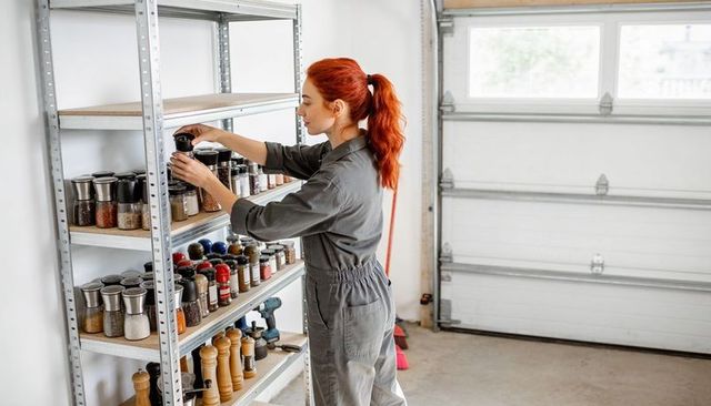 Redheaded woman arranging spice jars on metal shelving in bright garage workshop