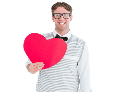 Geeky Hipster with Glasses Holds Red Heart Card on Transparent Background - Download Free Stock Videos Pikwizard.com