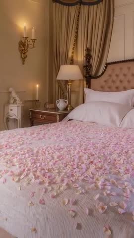 Panning vertical video revealing petal-covered luxury bed with candlelit drapery