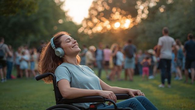 Young woman in wheelchair enjoying music and sunlight in crowded park
