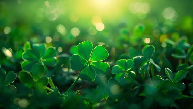 Glowing backlit four-leaf clover showing venation with dew droplets in sunlit meadow