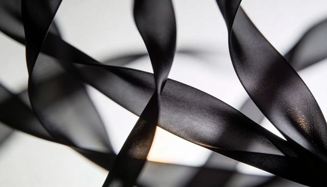 Backlit black satin ribbons twisting into glossy abstract curves macro still life texture