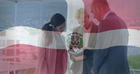 Business team examining documents with dominican republic flag overlay for corporate strategy
