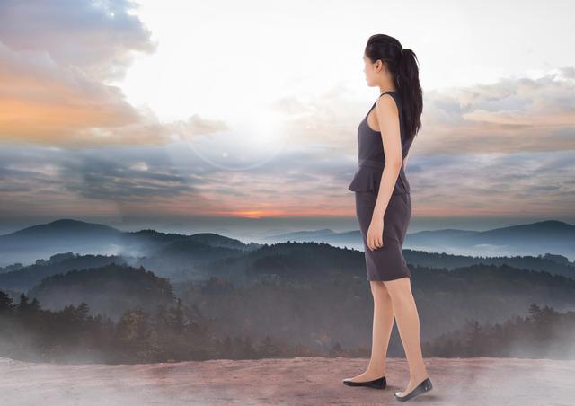 Businesswoman Overlooking Mountain Sunset in Digital Composite - Download Free Stock Images Pikwizard.com