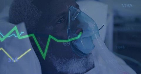 Resting mature Black man breathing with oxygen mask and vital signs overlay in hospital bed