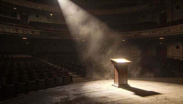 Spotlighting Dusty Lectern on Empty Historic Theater Stage with Vintage Balconies