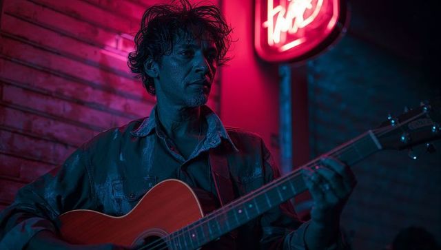 Moody Guitarist Playing in Neon Lit Music Bar