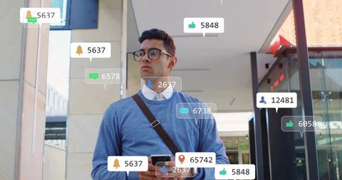 Professional Man Checking Smartphone with Notification Icons Overlaid