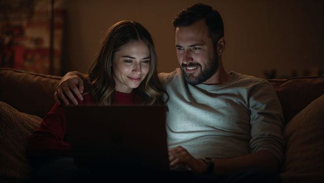 Couple cuddling on couch watching laptop evening warm screen glow intimate movie night