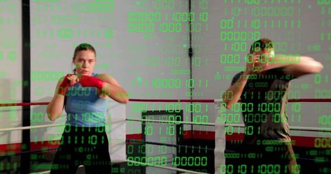 Sparring pair training in boxing ring with green binary code overlay for tech fitness