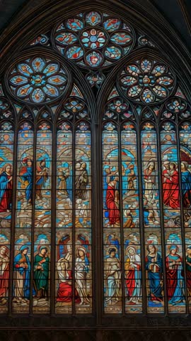 Vertical video filming Gothic stained glass window, camera panning over lancets and tracery