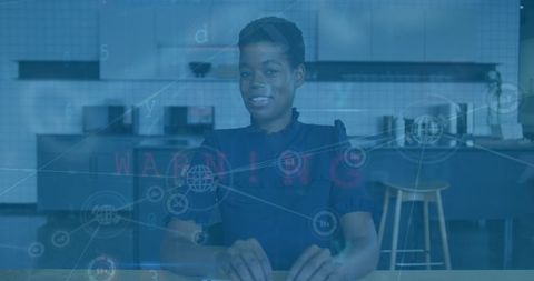 African american businesswoman in digital meeting with data overlay