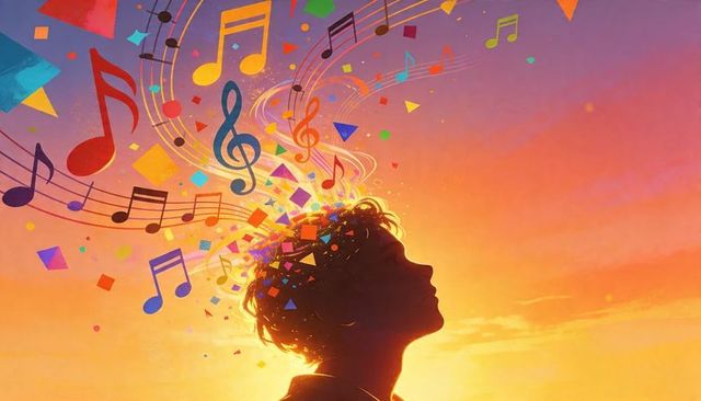 Silhouette dreaming in sunrise with musical notes and colorful confetti bursting from mind