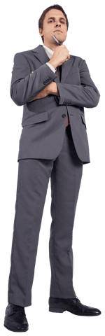 Transparent Businessman Holding Pen with Thoughtful Expression