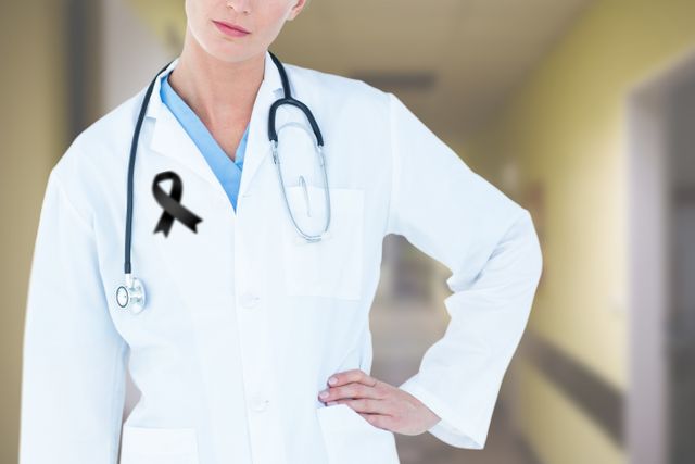 Digital illustration of Caucasian female doctor wearing black ribbon pin, putting her hand on her shoulder. Medical grief cancer concept digital composite