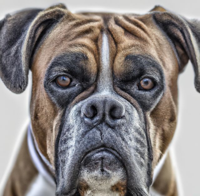 Close up of cute brown and black boxer dog over white background. Animals, nature, dog and harmony concept.