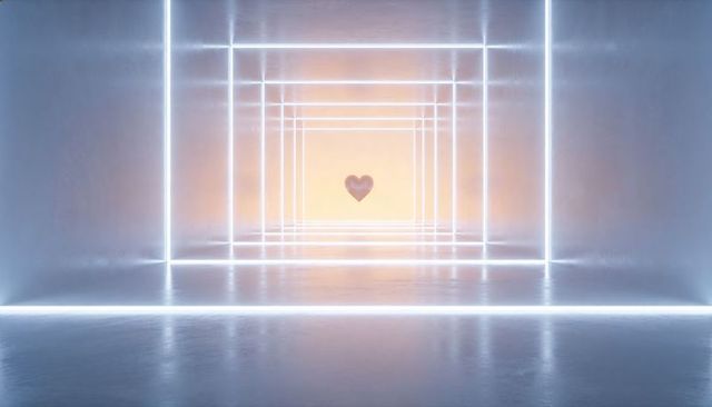 Floating glossy heart in neon tunnel with symmetrical glowing frames and reflection