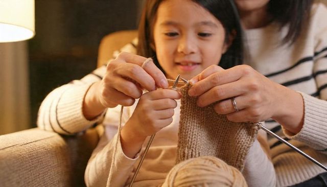Mother teaching daughter knitting on sofa with cream sweater, tan yarn and metal needles
