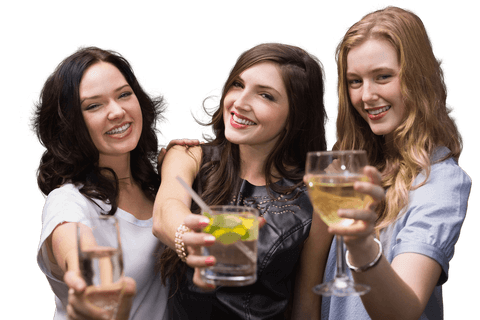 Caucasian Female Friends Celebrating with Beverages on Transparent Background