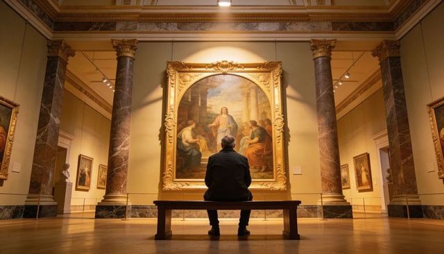 Man sitting in grand museum gallery contemplating gilded classical painting under spotlight