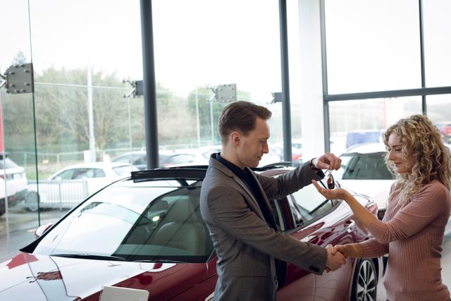 Salesman handing car keys to customer while shaking hands in a car showroom. Ideal for use in automotive sales, customer service, business transactions, and dealership promotions. Highlights successful car purchase and professional service.