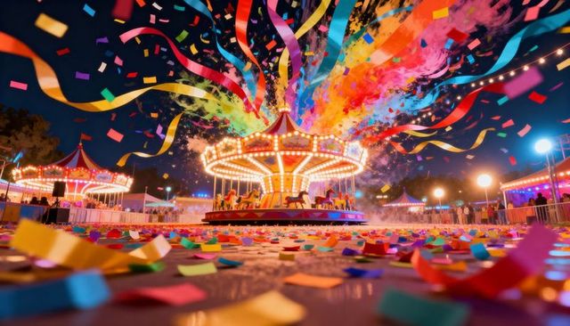 Spinning carousel night carnival exploding confetti colorful streamers bright lights